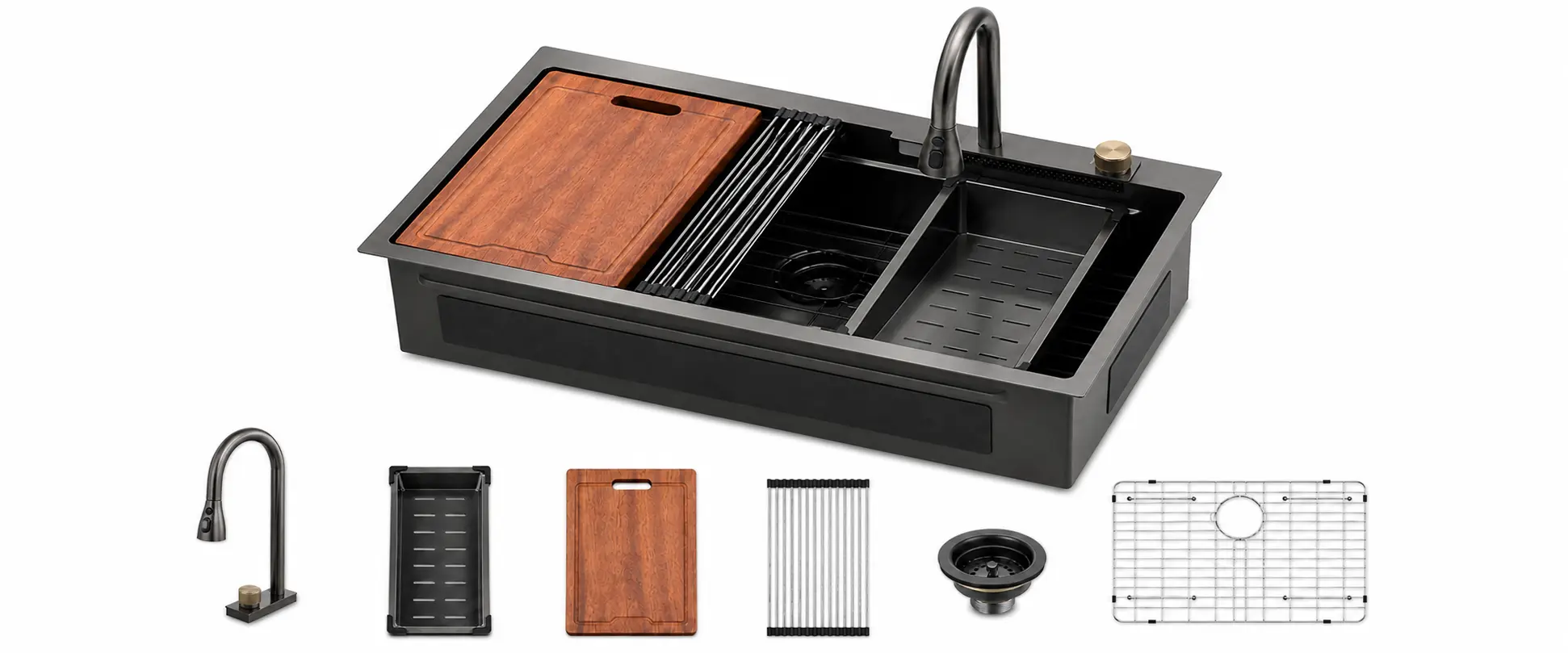 Workstation kitchen sink with cutting board colander roll-up rack and drain set
