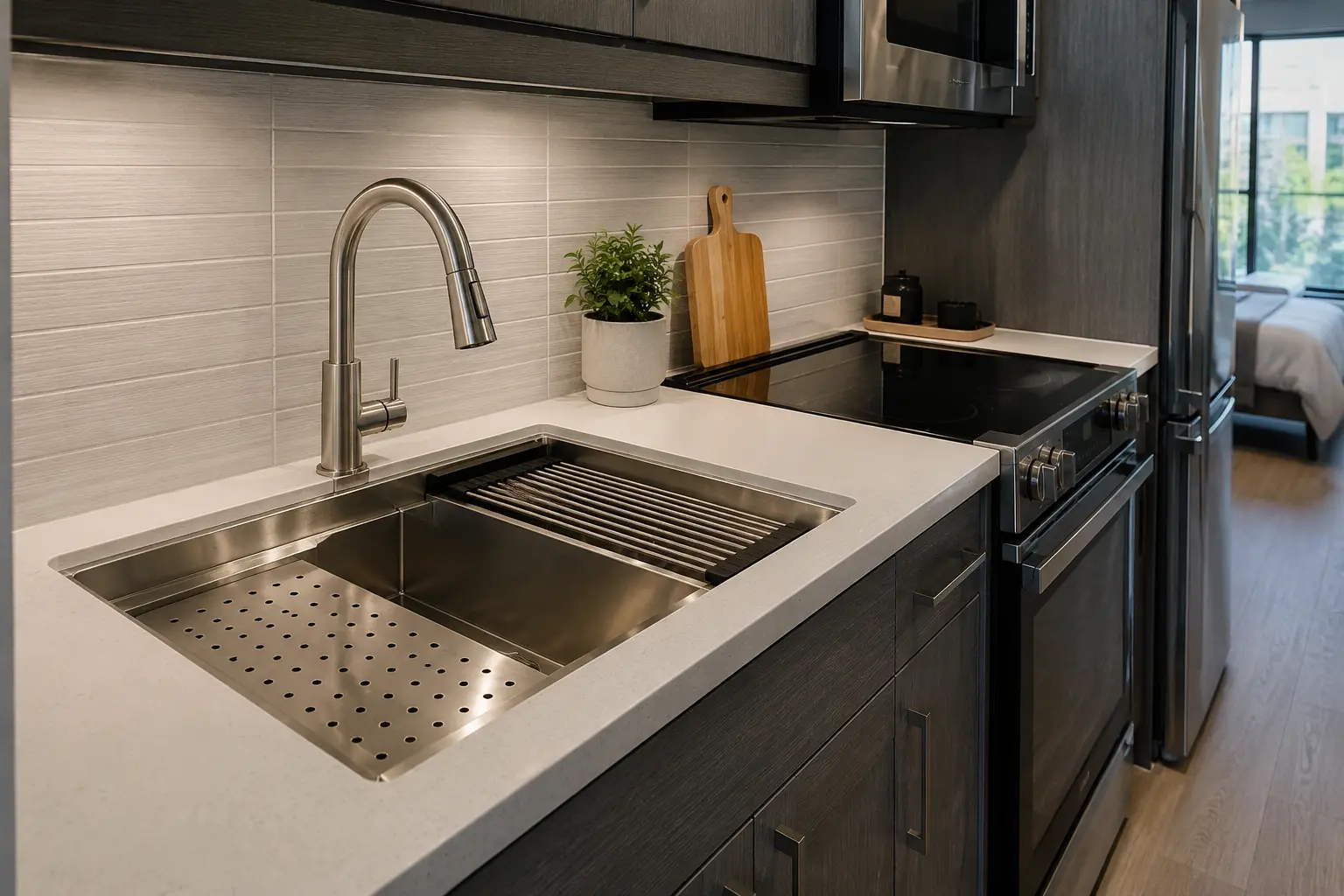 Workstation sink for apartment and project kitchen supply