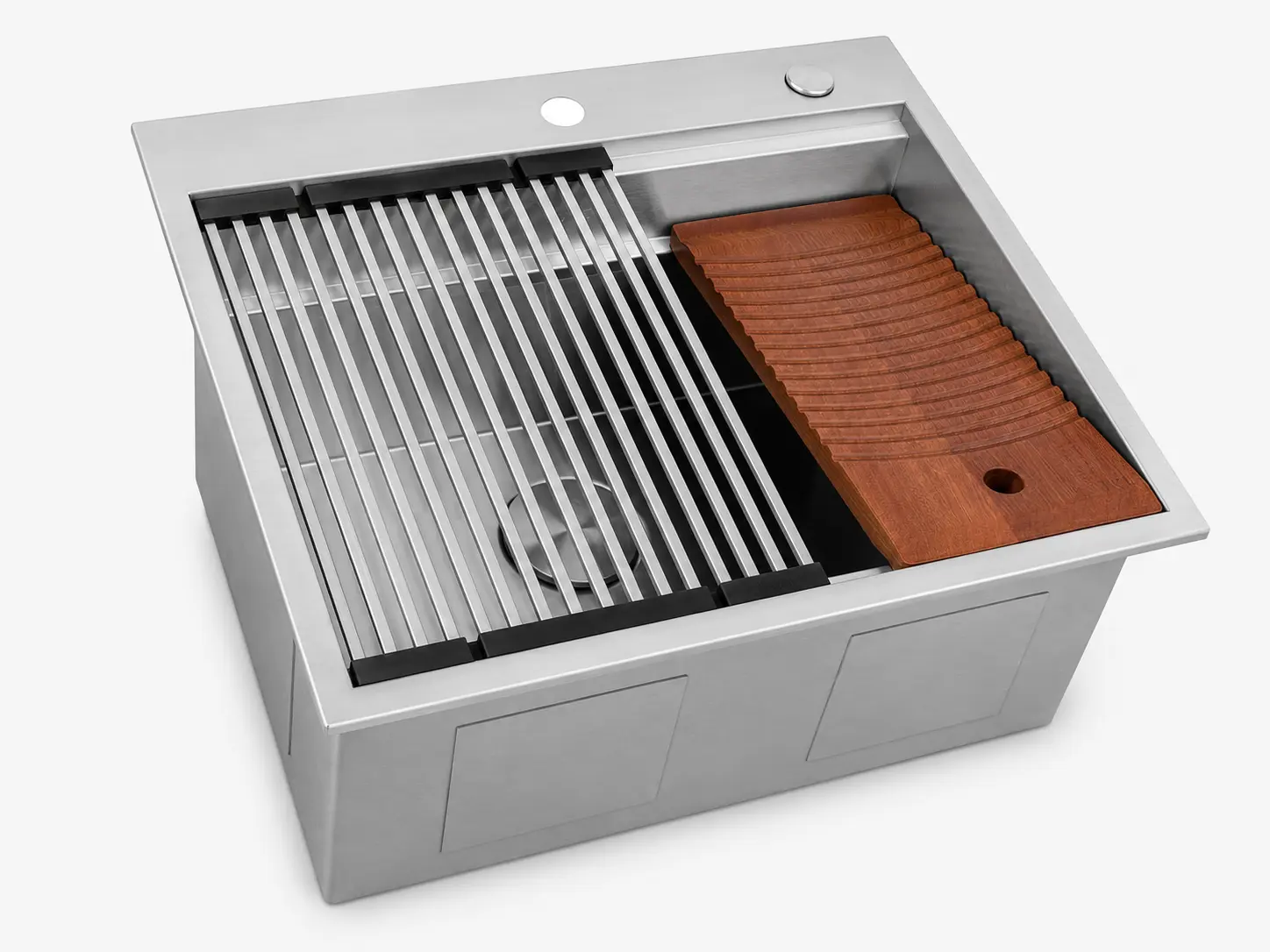 Deep stainless steel laundry workstation sink with removable washboard, drying rack, and utility cleaning function.