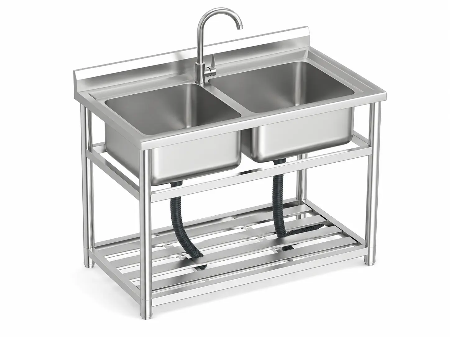 Double bowl stainless steel free standing sink for commercial kitchen, restaurant, laundry, workshop, and utility use.
