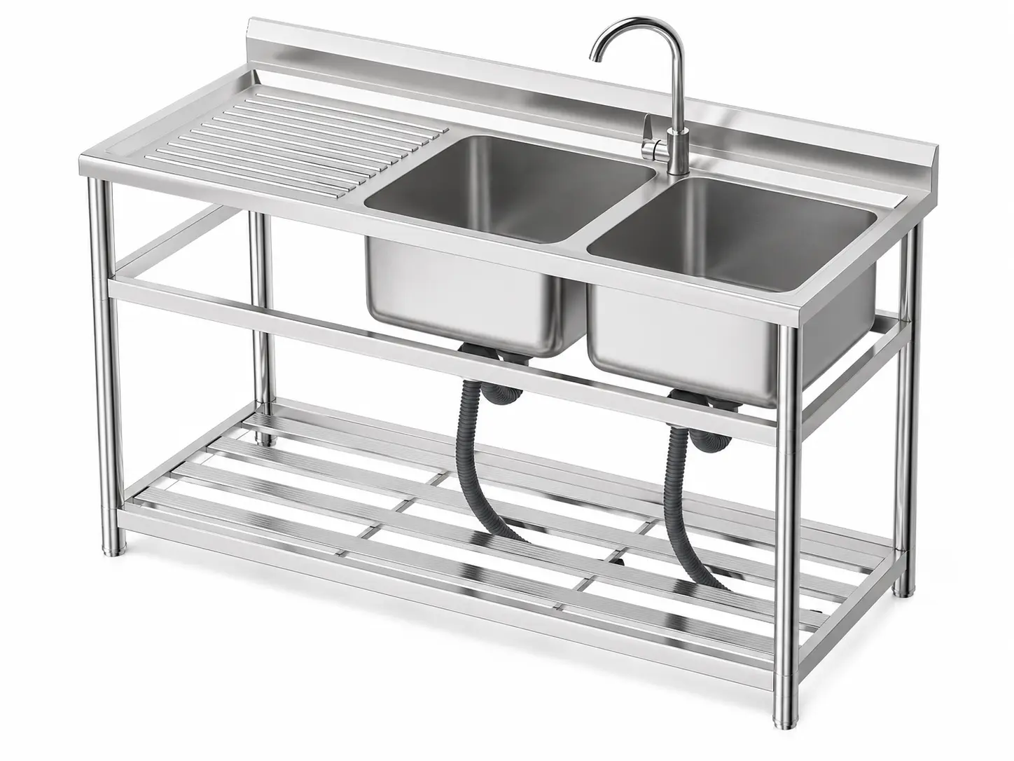 Double bowl free standing stainless steel sink with drainboard for restaurant, commercial kitchen, outdoor cleaning, and project supply.