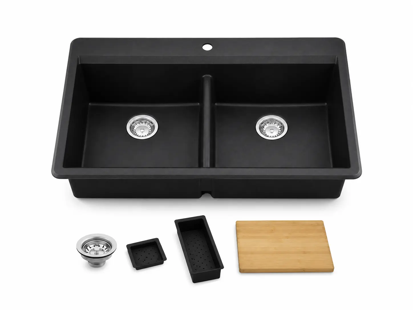 Granite composite workstation kitchen sink with cutting board and roll-up rack
