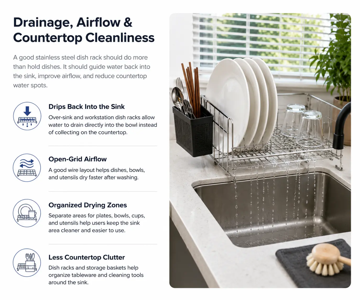 Dish rack drainage and airflow over kitchen sink