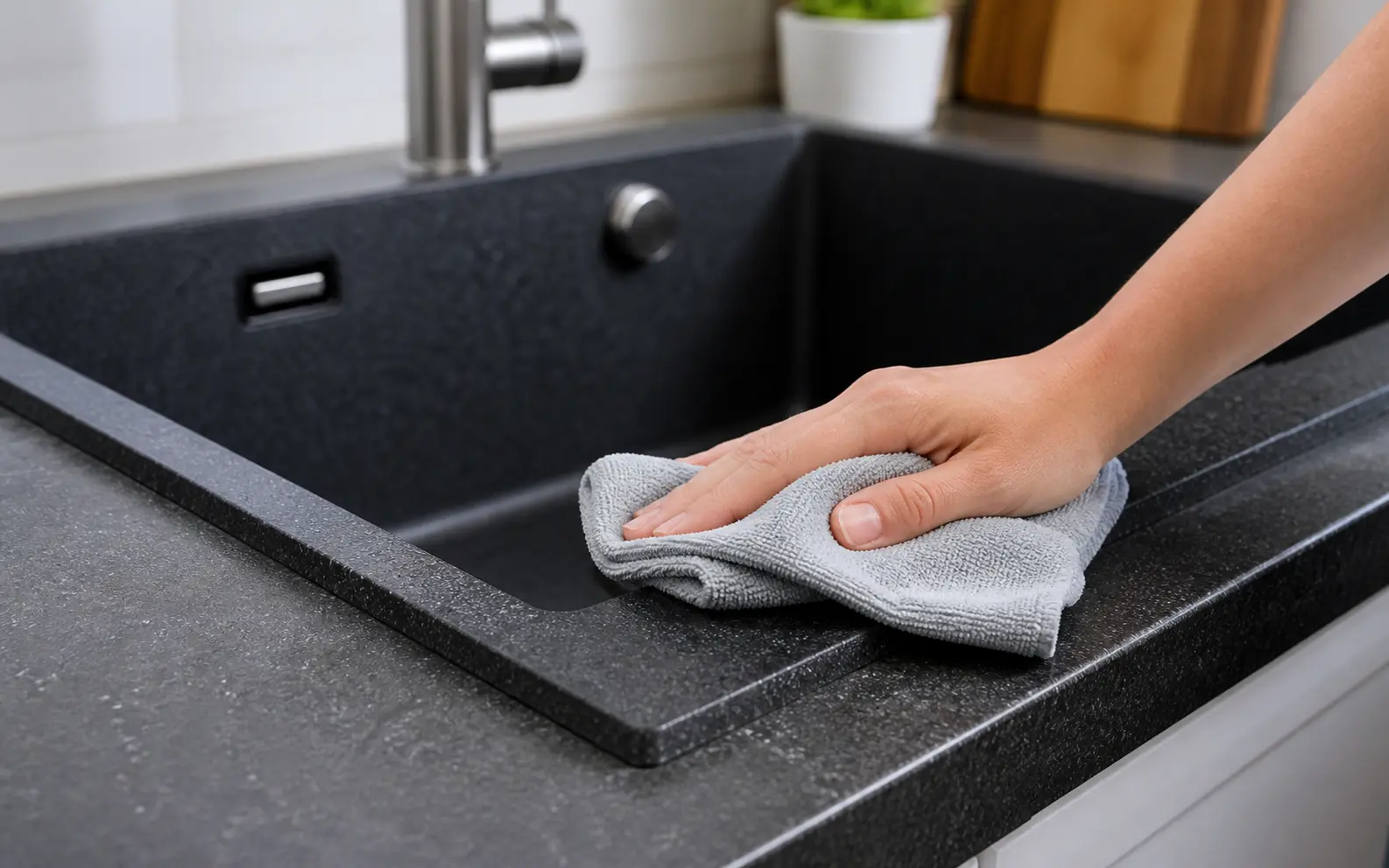 Microfiber cloth drying granite composite kitchen sink surface