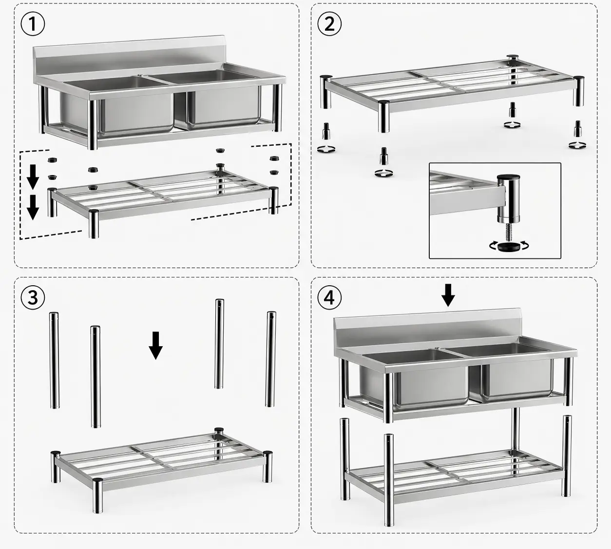 Free standing sink bracket assembly and bottom shelf