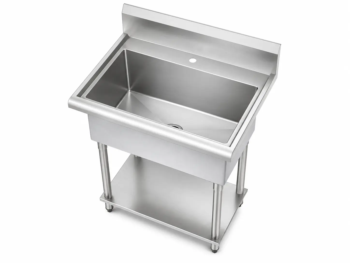 Free standing stainless steel laundry utility sink with legs, faucet, lower shelf, and drain route.