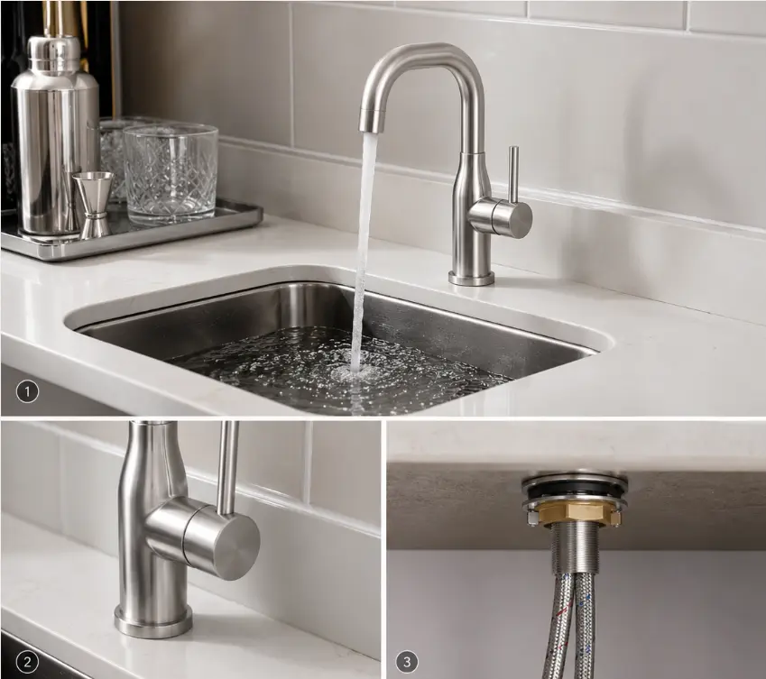 Technical diagram showing sink pairing and installation details for prep faucets
