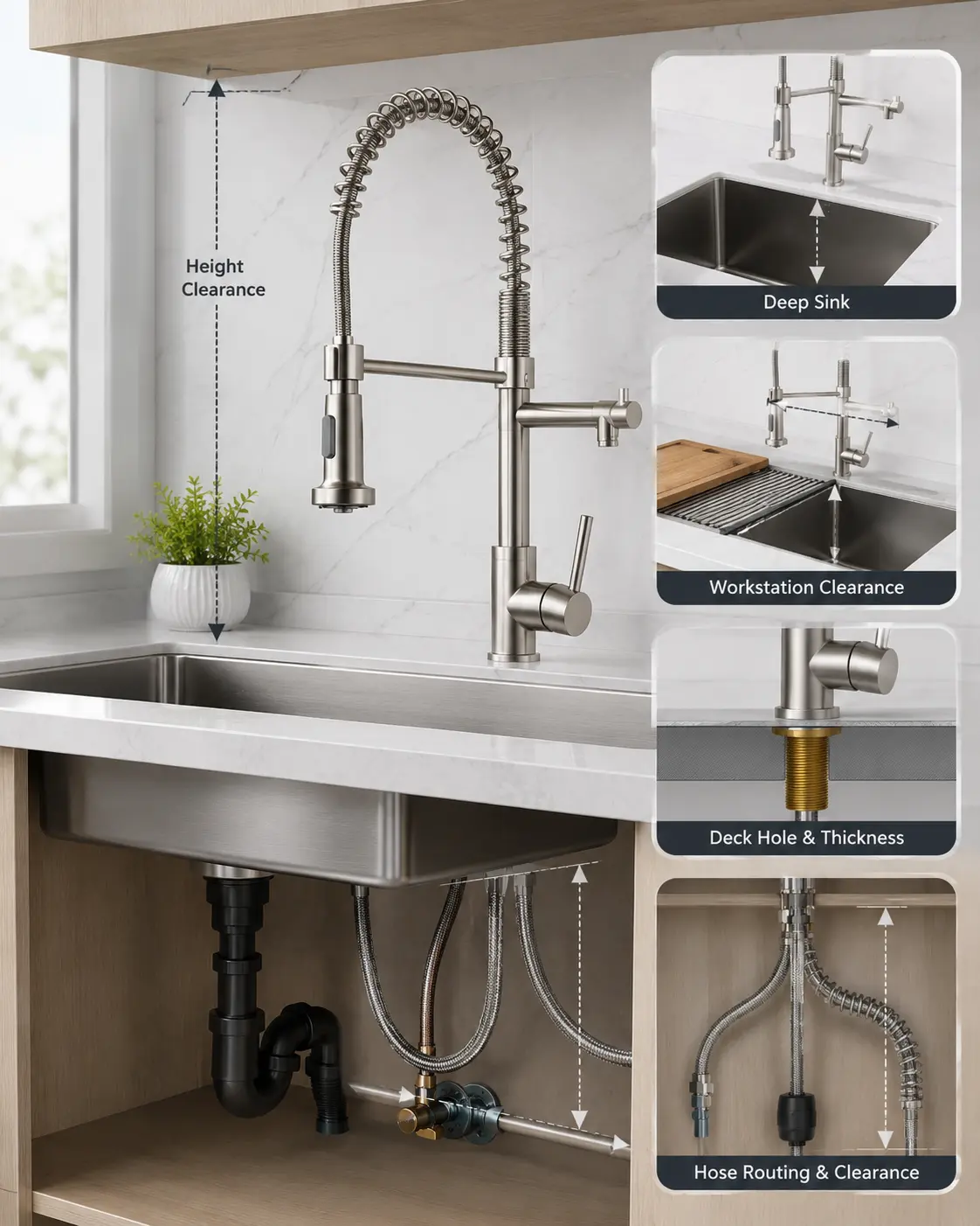Semi-pro faucet installation and sink pairing diagram