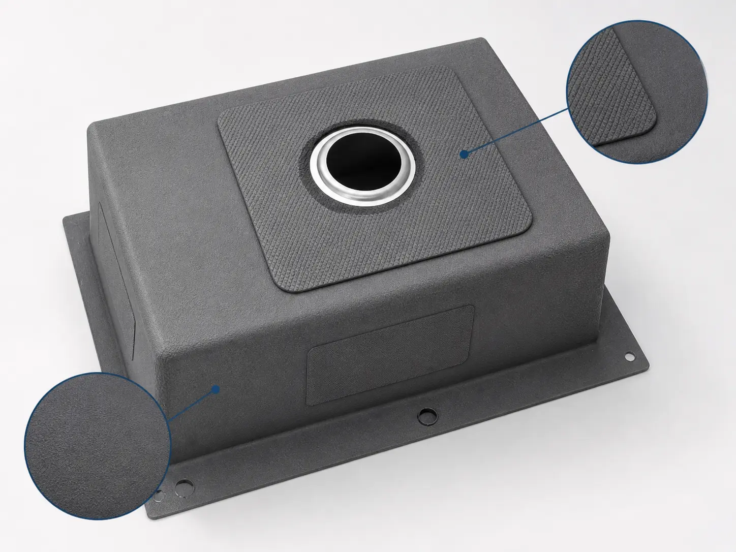 Sound pad and coating detail under workstation kitchen sink