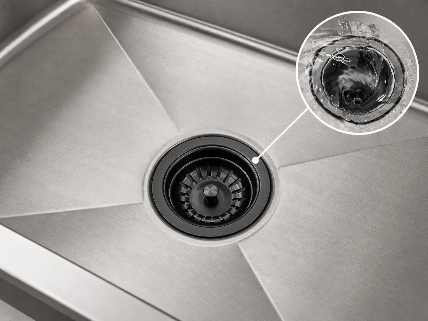 X flow line detail on stainless steel workstation kitchen sink