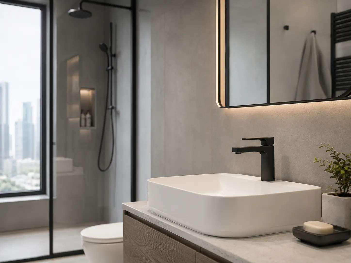 Tall Matte Black Faucet in Villa Bathroom