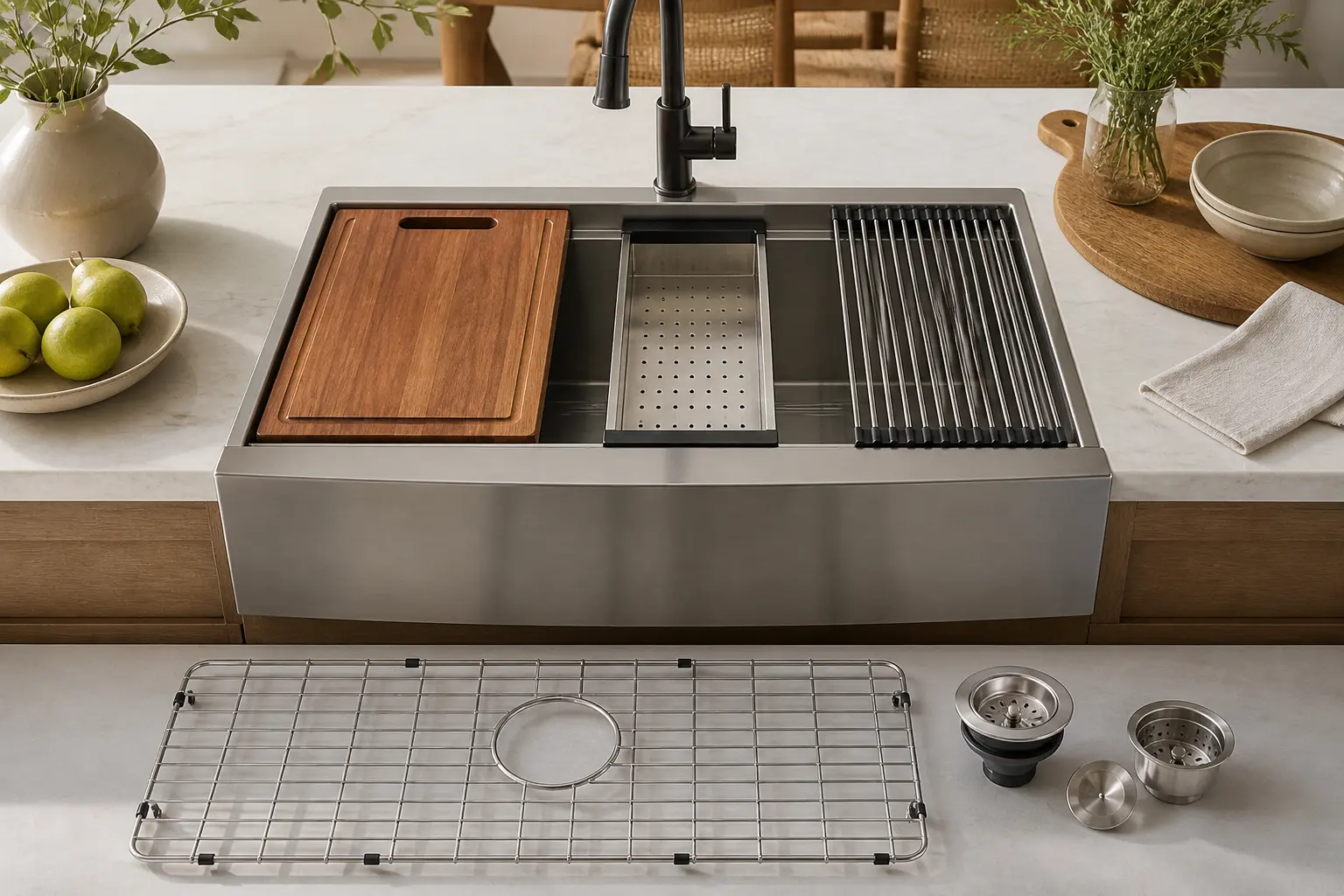 Modern residential kitchen with undermount workstation sink