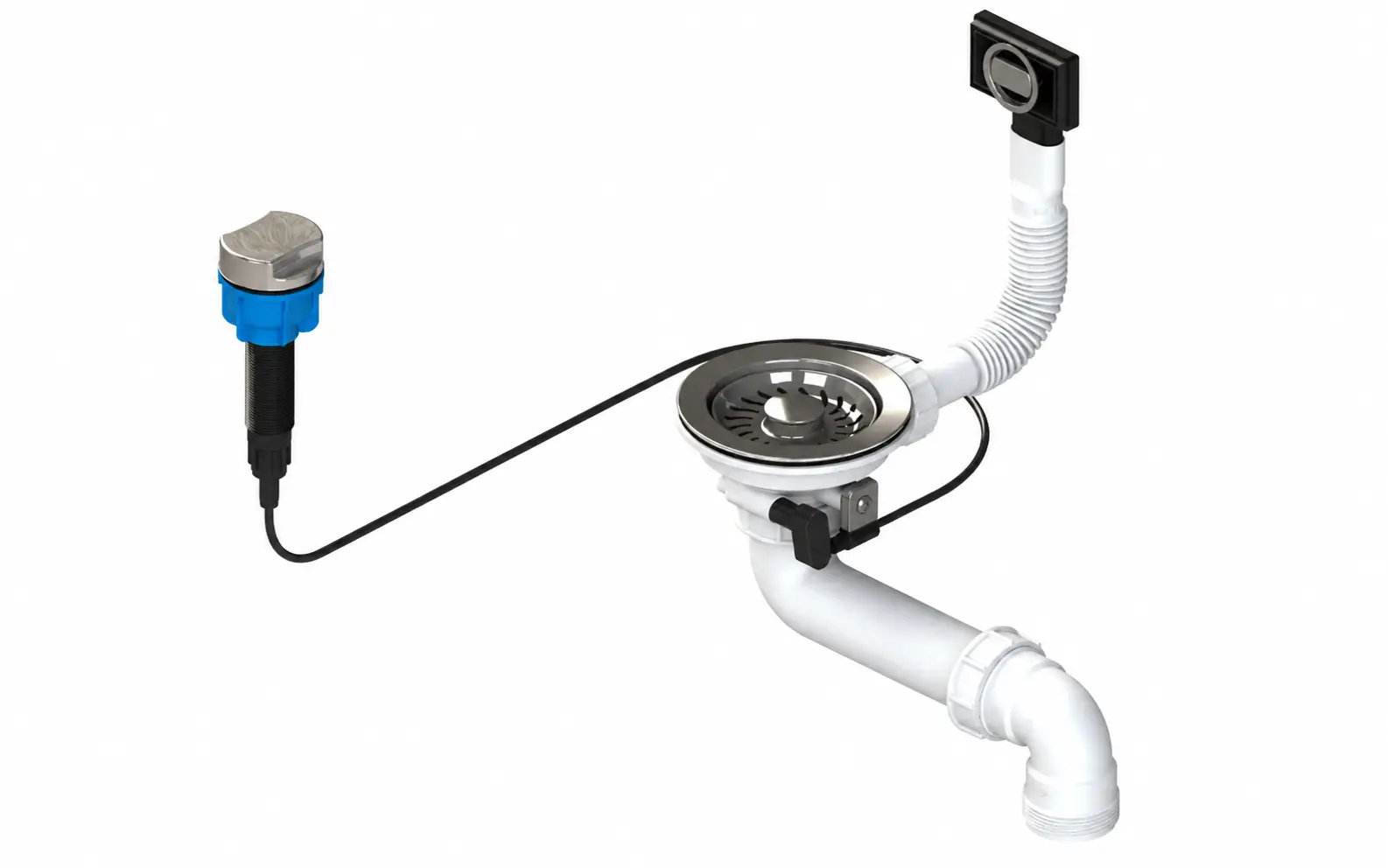 Motorized push-control drain system under kitchen sink