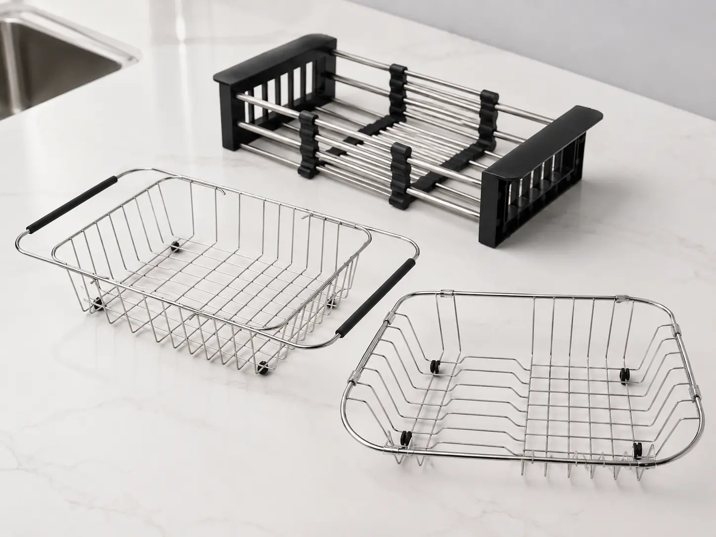 Telescopic sink basket for kitchen sink accessory sets