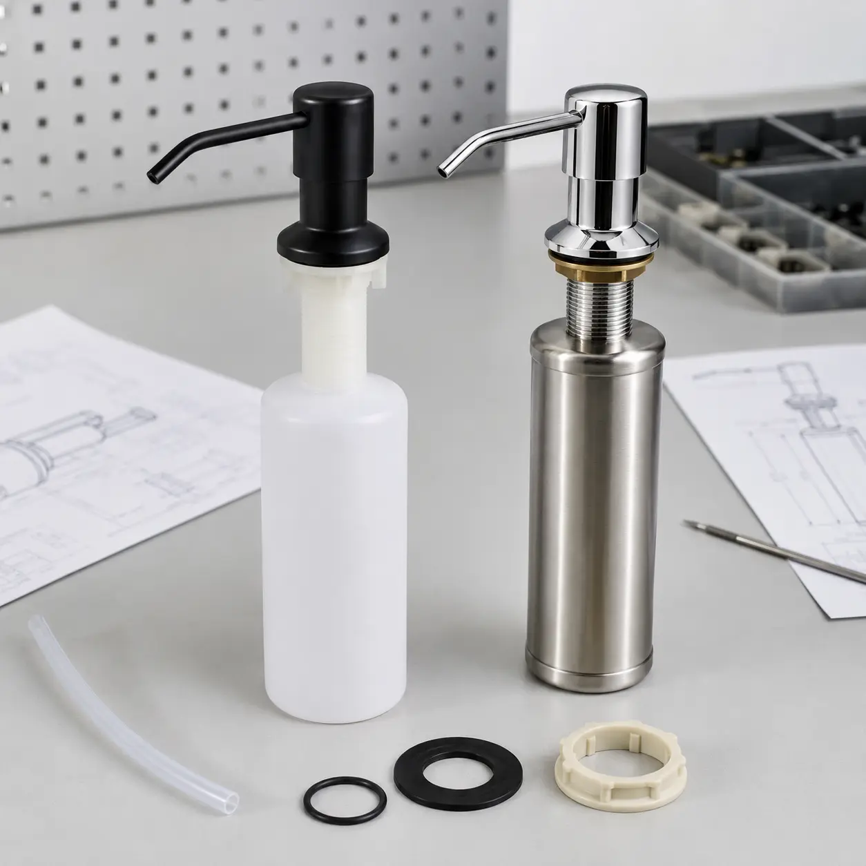Deck-mounted stainless steel sink soap dispenser with pump head, bottle, gasket, mounting nut, and suction tube
