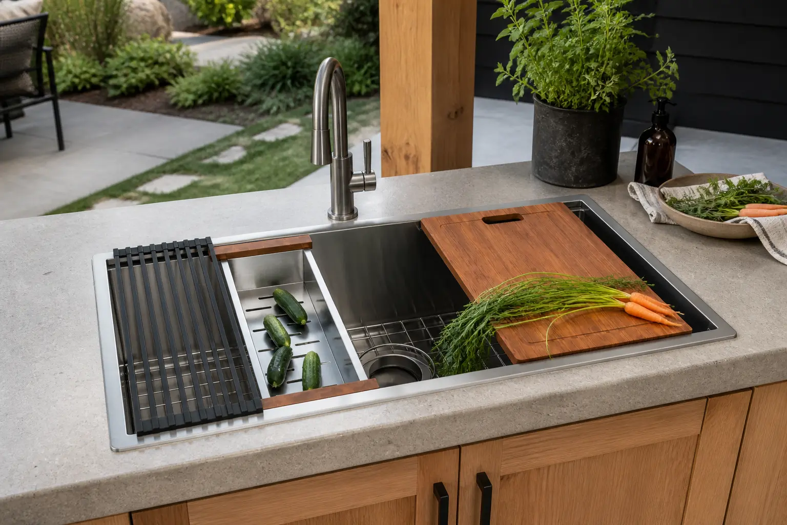 Workstation sink for outdoor kitchen and utility preparation area