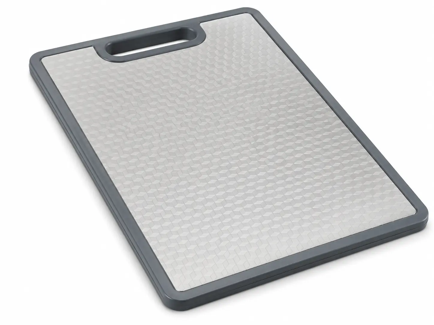 Plastic sink cutting board fitted on stainless steel workstation kitchen sink.