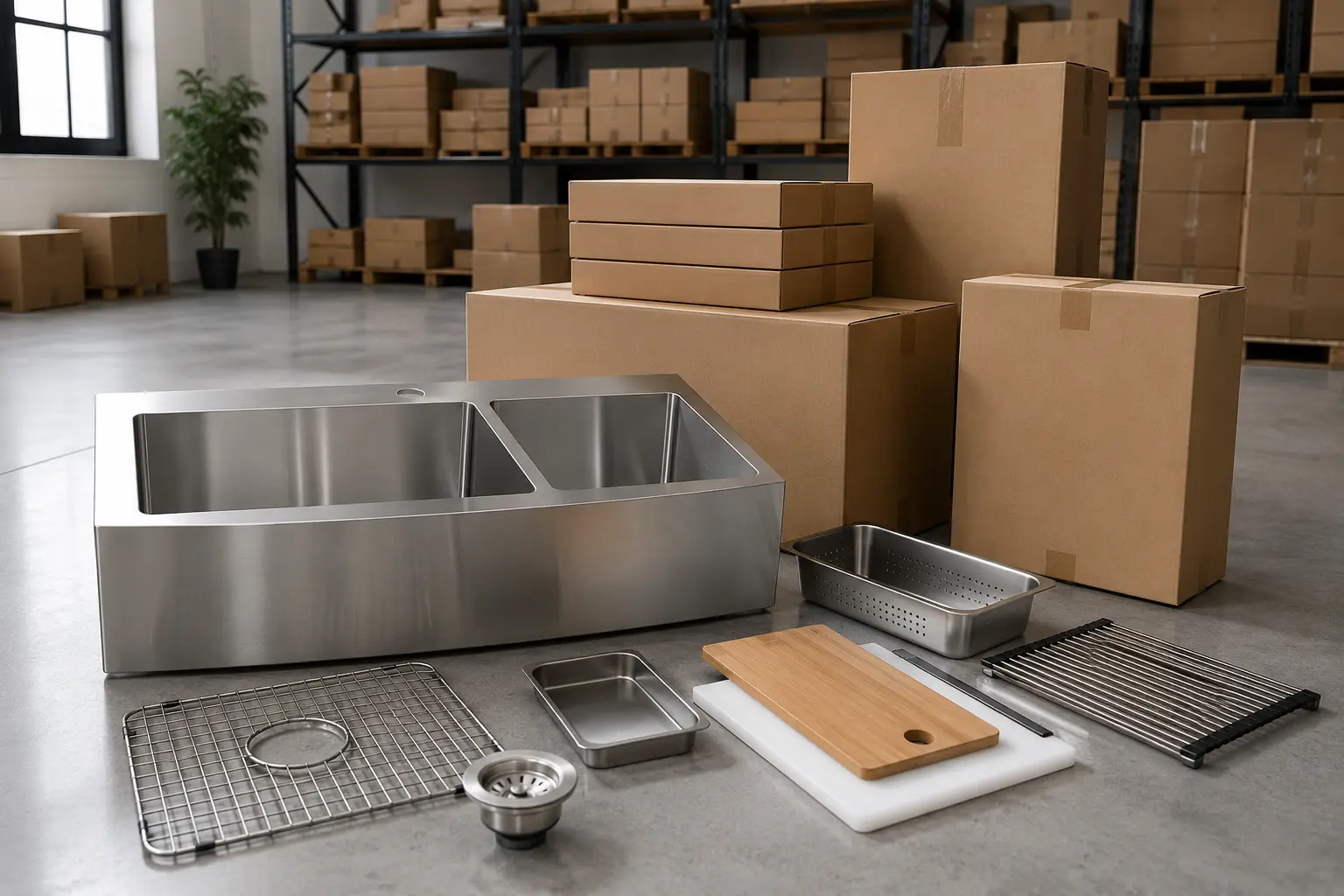 Private label workstation sink set with accessories and packaging