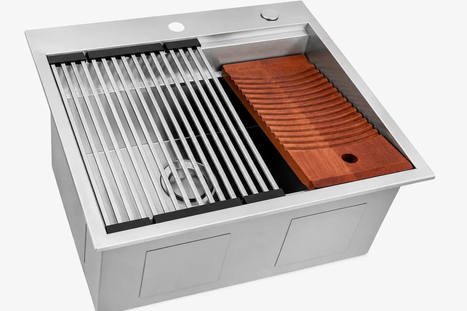 Removable washboard accessory on handmade stainless steel laundry workstation sink.