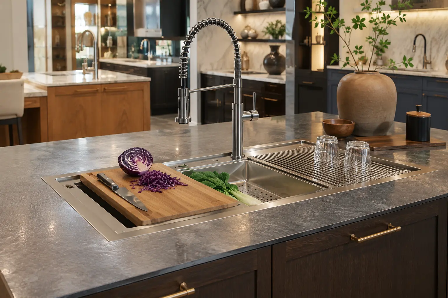 Workstation kitchen sink retail set with cutting board colander roll-up rack and drain set