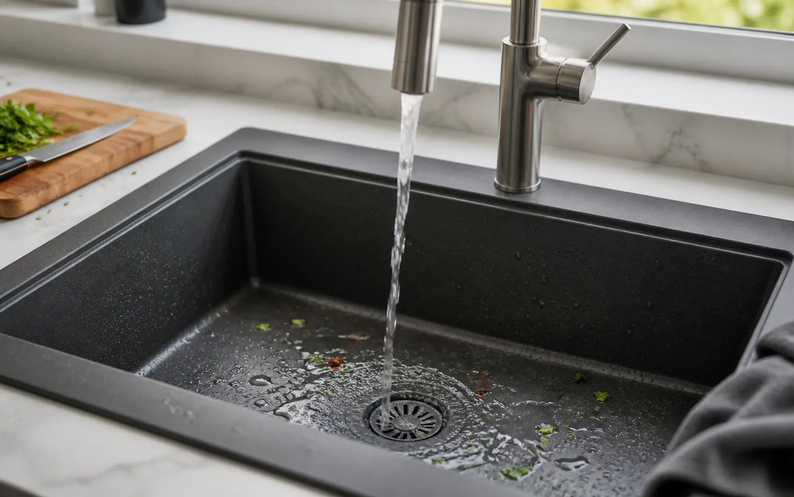 Granite composite sink daily cleaning with soft sponge