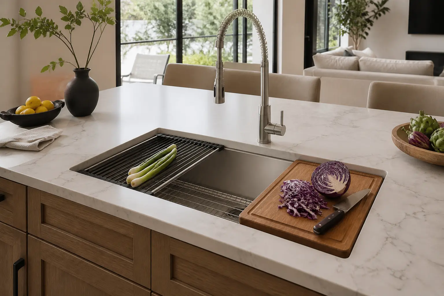 Workstation sink showroom display with faucet and accessories