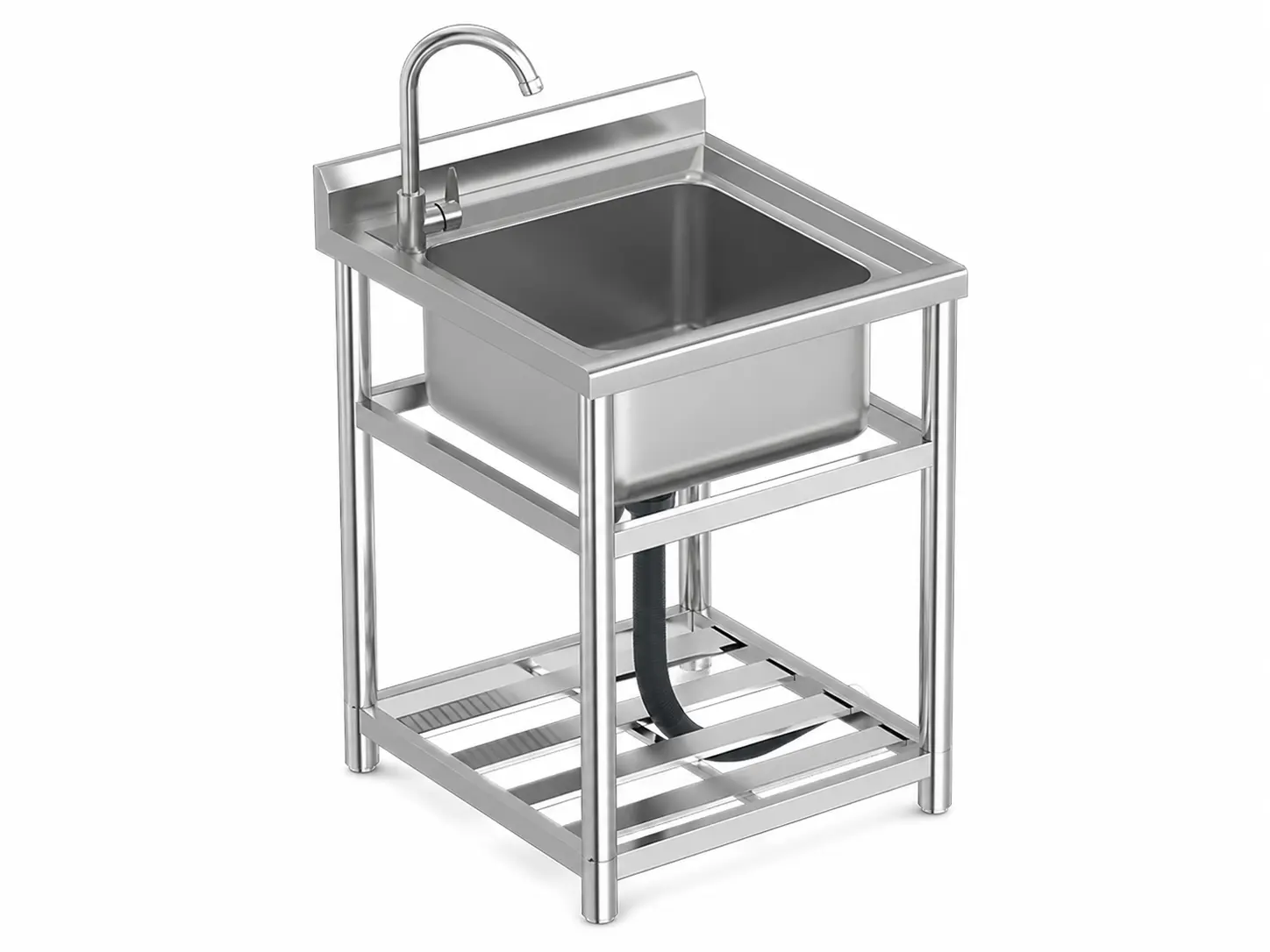 Single bowl stainless steel free standing sink for laundry, utility, garage, outdoor kitchen, and balcony washing use.