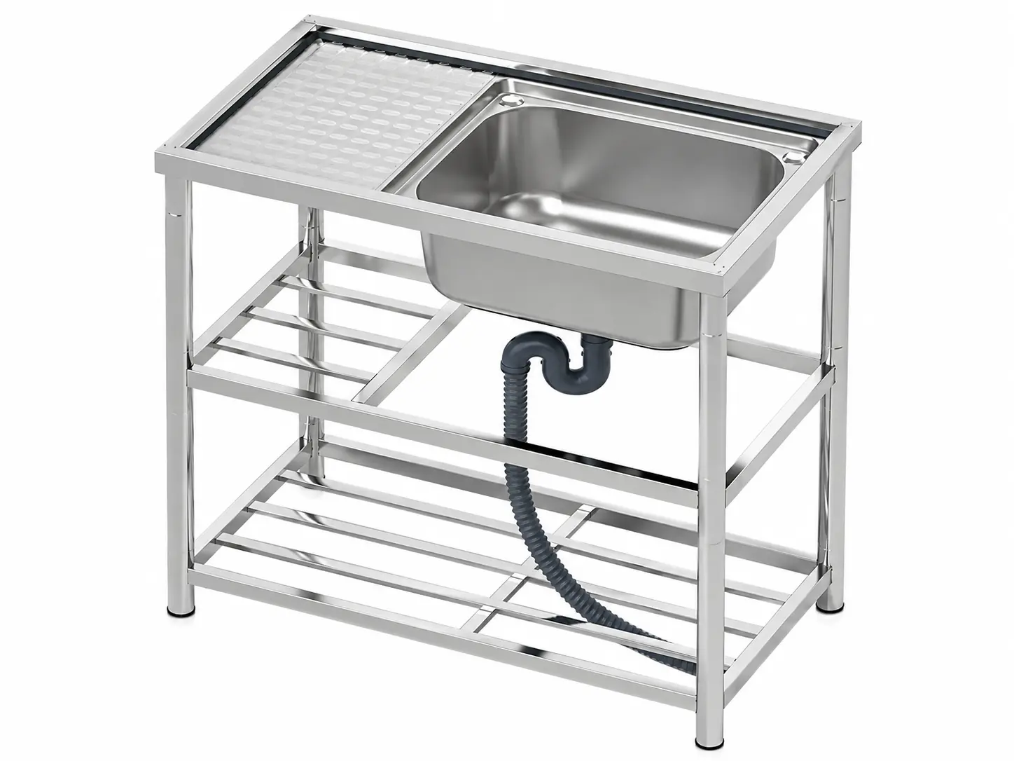 Single bowl free standing stainless steel sink with drainboard for outdoor, laundry, garden, and utility projects.