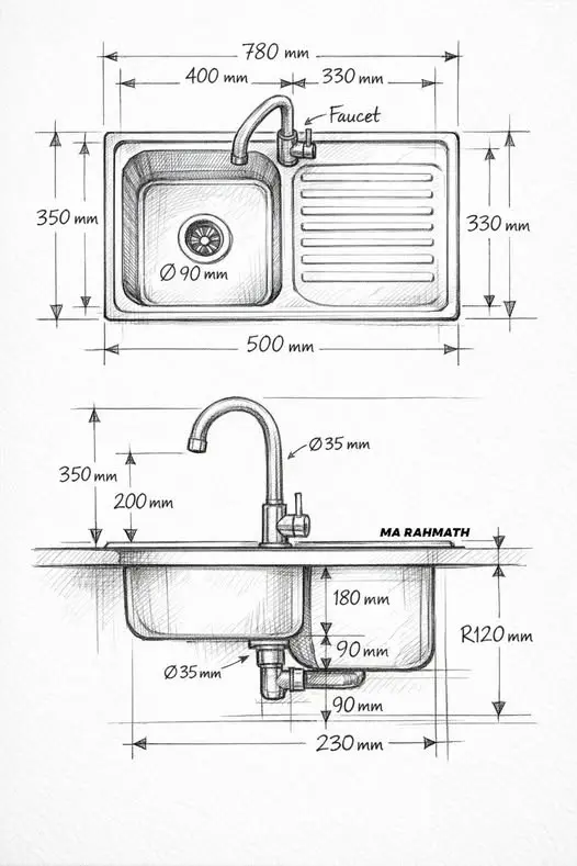 Technical Drawing of Stainless Steel Sink