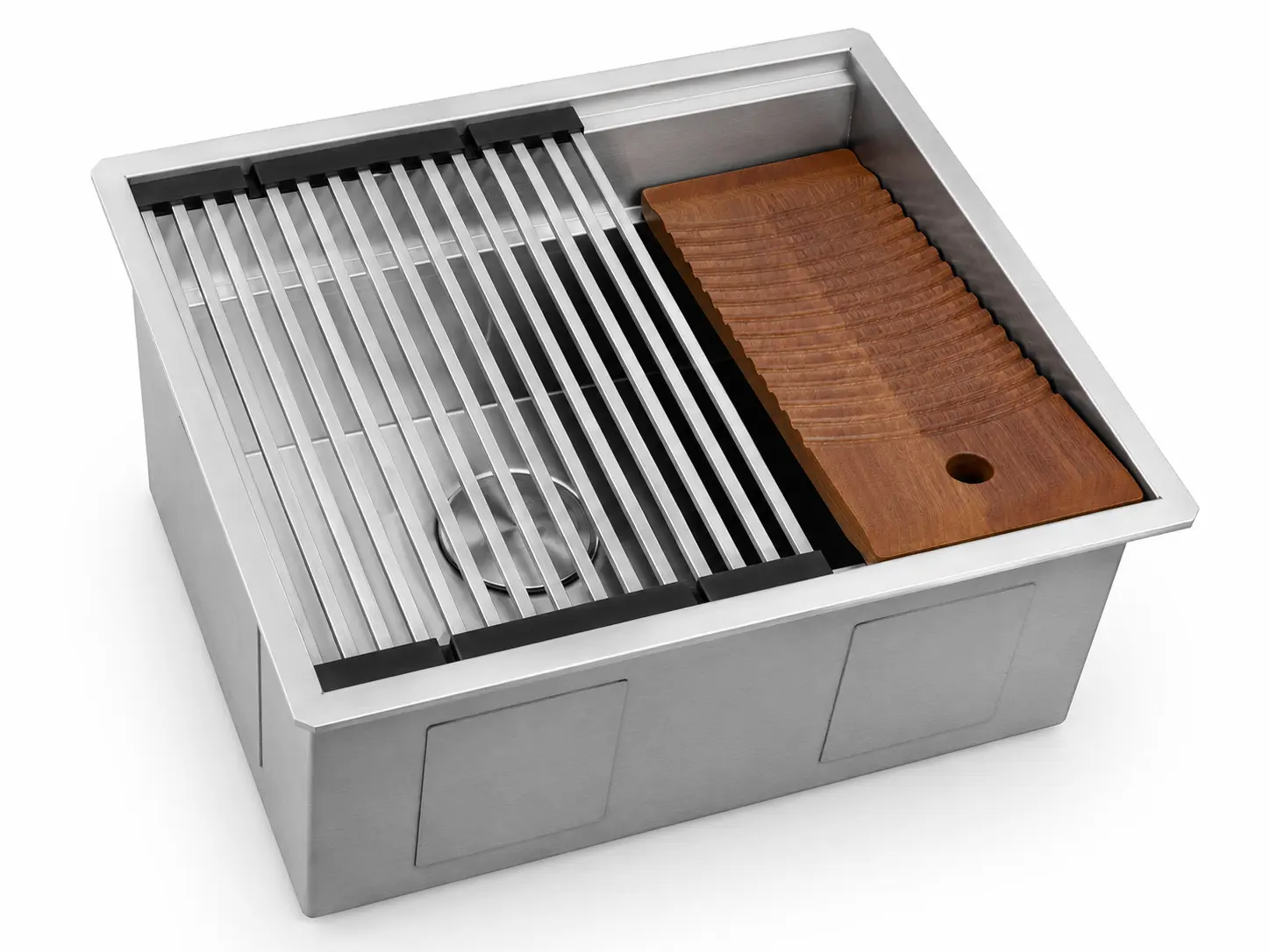 Undermount stainless steel laundry utility workstation sink with clean countertop transition and deep bowl.