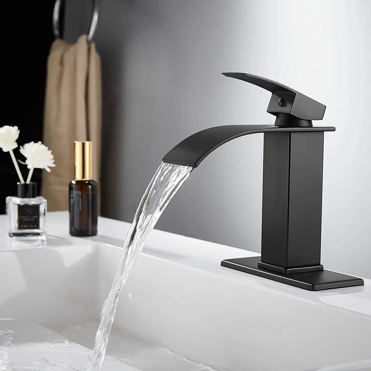 Waterfall Basin Faucet installed on a modern bathroom vanity