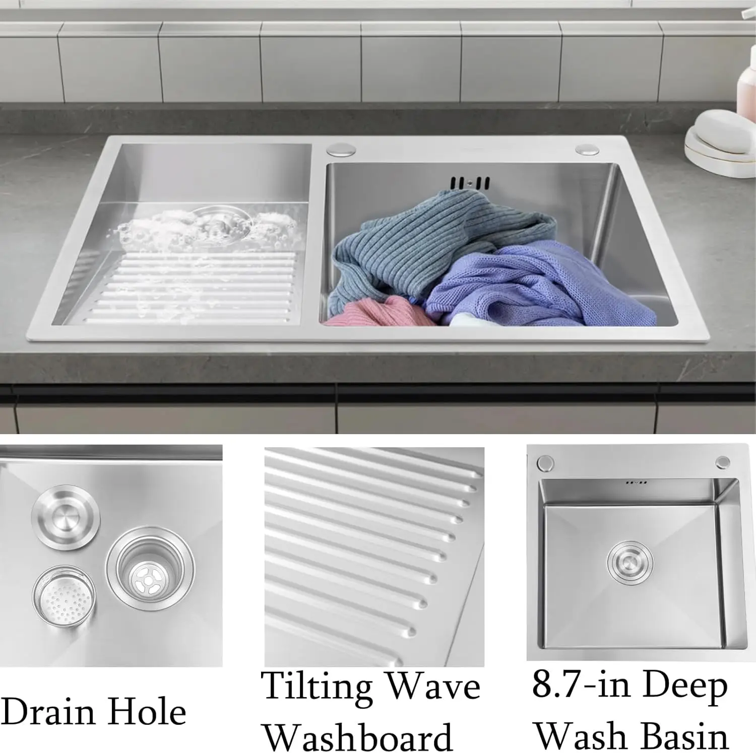 Deep bowl laundry sink close up showing bucket clearance