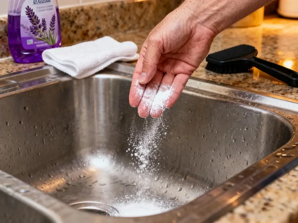 sprinkle cleaning powder to clean sink